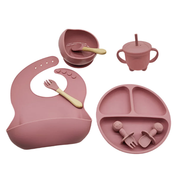 Children'S Dishes Set Baby Silicone 6/8-Piece Tableware Set Suction Cups Forks Spoons Bibs Straws Cups Mother and Baby Supplies