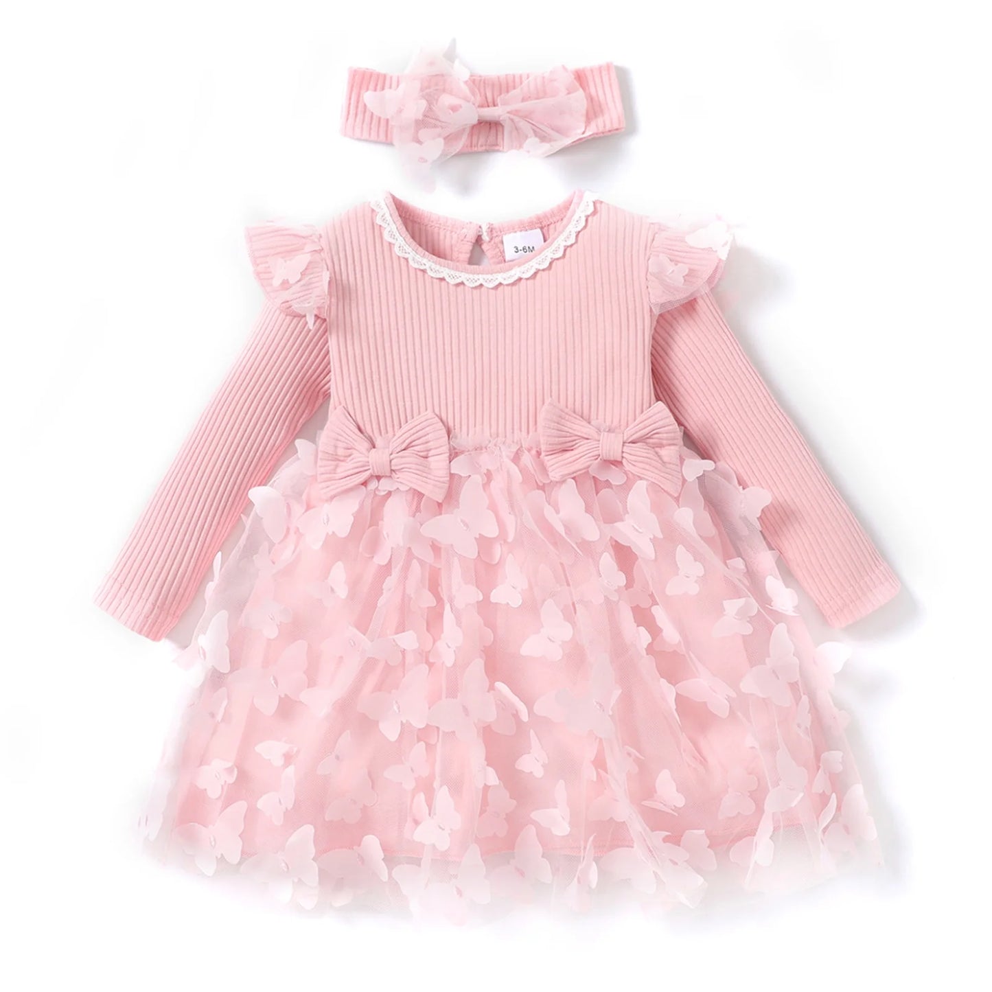 2Pcs Baby Girl Pink Mesh Dress Set,Ribbed Long Sleeve Splicing 3D Butterfly Appliques Princess Dress Pageant Party Birthday Wedding Flower Girl Dress,0-3T