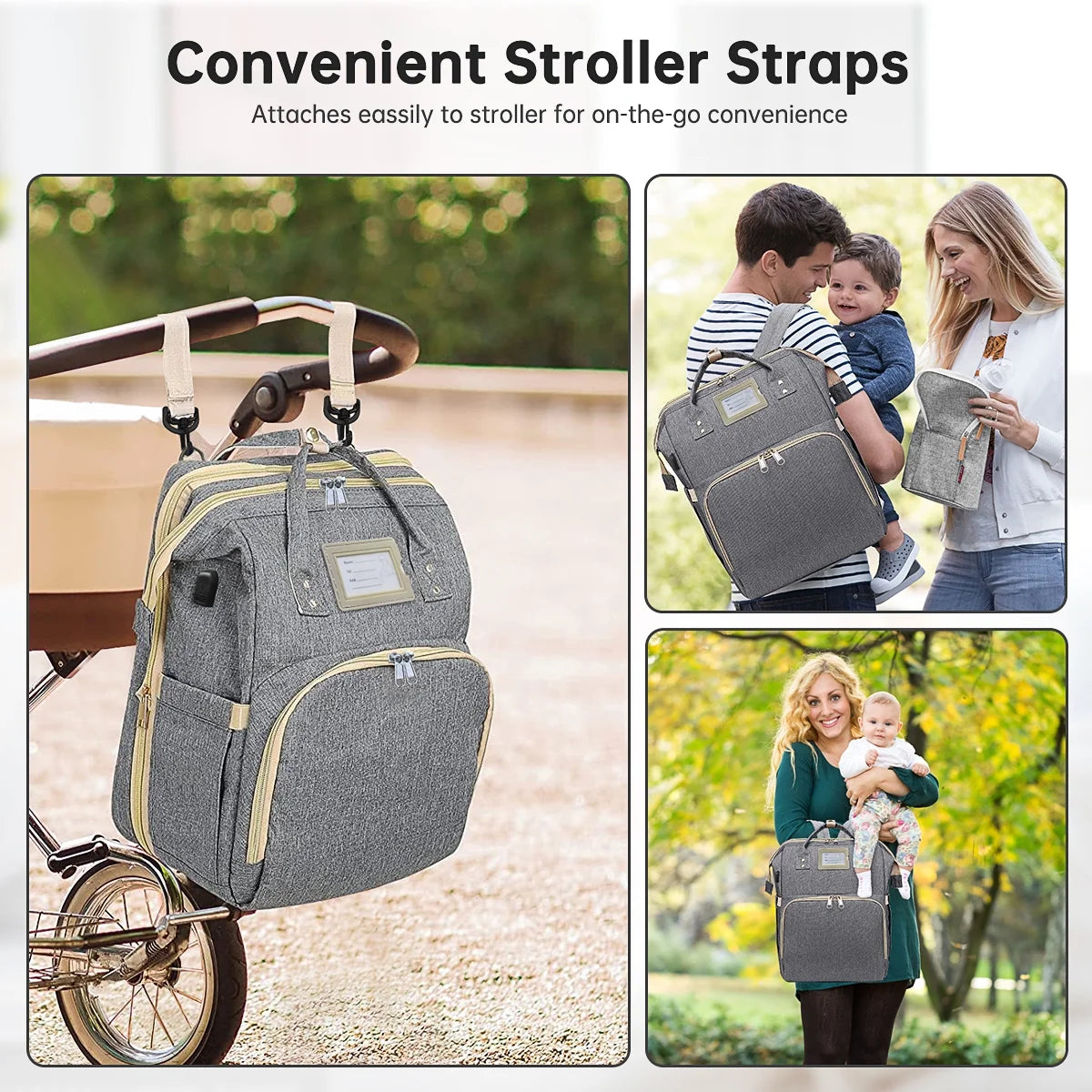 Diaper Bag Backpack, Multifunctional Baby Changing Bag with Foldable Crib & Insulated Milk Bottle Pocket, Large Capacity Travel Backpack with USB Charging Port & Stroller Strap (Gray)