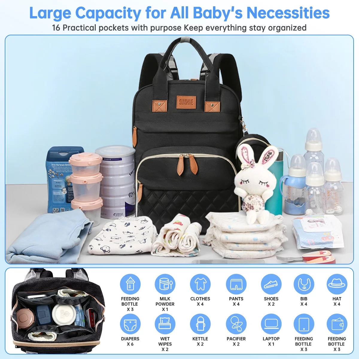 Convertible Diaper Bag with Changing Station & Insulated Pockets, Black