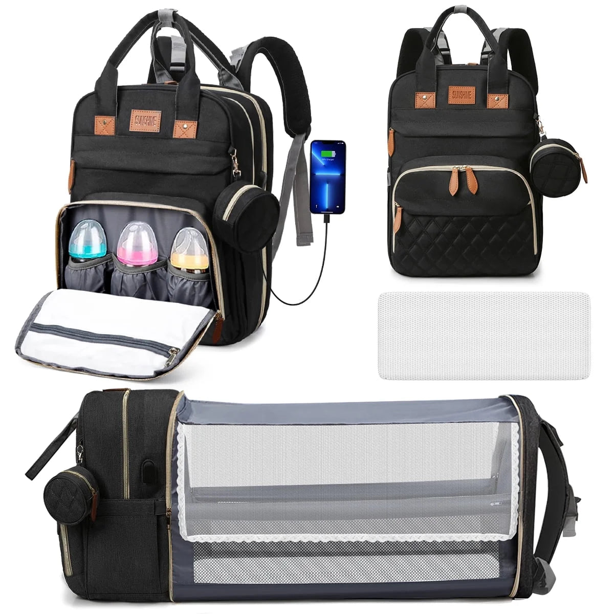 Convertible Diaper Bag with Changing Station & Insulated Pockets, Black
