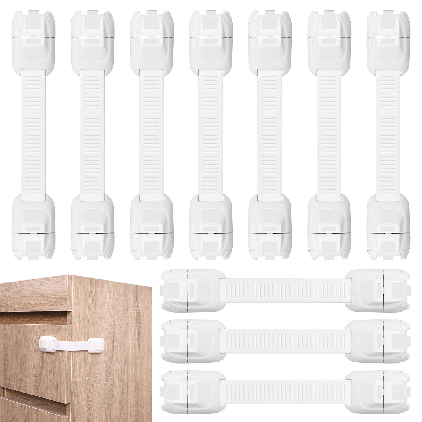 10 Pcs Baby Safety Locks for Cabinets, Adjustable Cabinet Locks for Babies with Adhesive Tape, No Drilling for Latching to Drawer Door Fridge Oven Toilet Seat