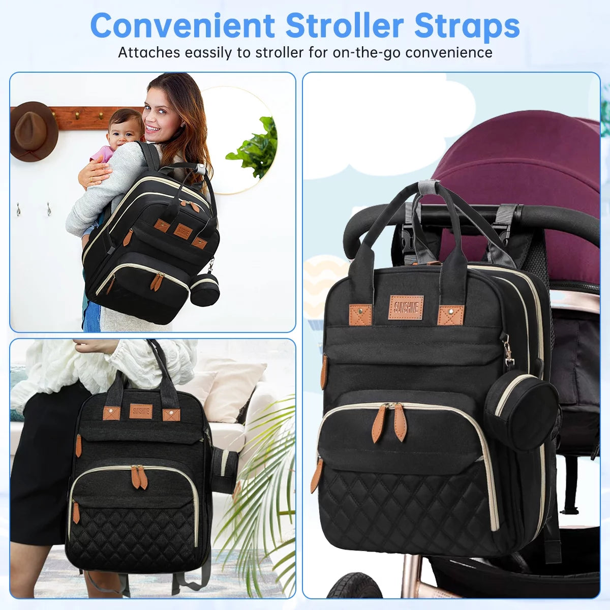 Convertible Diaper Bag with Changing Station & Insulated Pockets, Black
