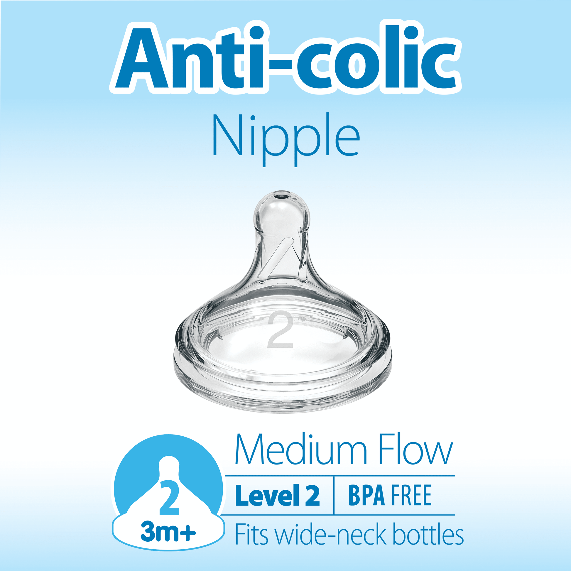 Natural Flow Level 2, Wide-Neck Baby Bottle Nipple, Medium Flow, 3M+, 100% Silicone, 6 Pack