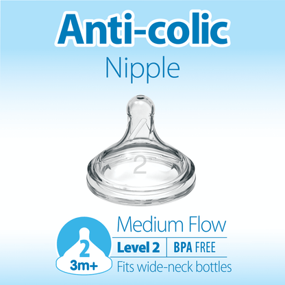 Natural Flow Level 2, Wide-Neck Baby Bottle Nipple, Medium Flow, 3M+, 100% Silicone, 6 Pack