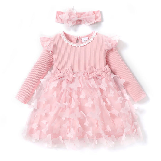 2Pcs Baby Girl Pink Mesh Dress Set,Ribbed Long Sleeve Splicing 3D Butterfly Appliques Princess Dress Pageant Party Birthday Wedding Flower Girl Dress,0-3T