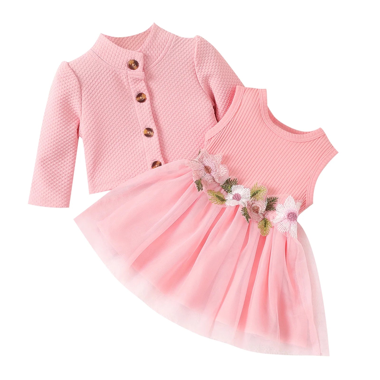 Baby Girl Dresses Long Sleeve Jacket and Floral Decor Mesh Panel Tank Dress Set, 6-9 Months