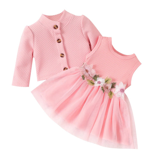 Baby Girl Dresses Long Sleeve Jacket and Floral Decor Mesh Panel Tank Dress Set, 6-9 Months