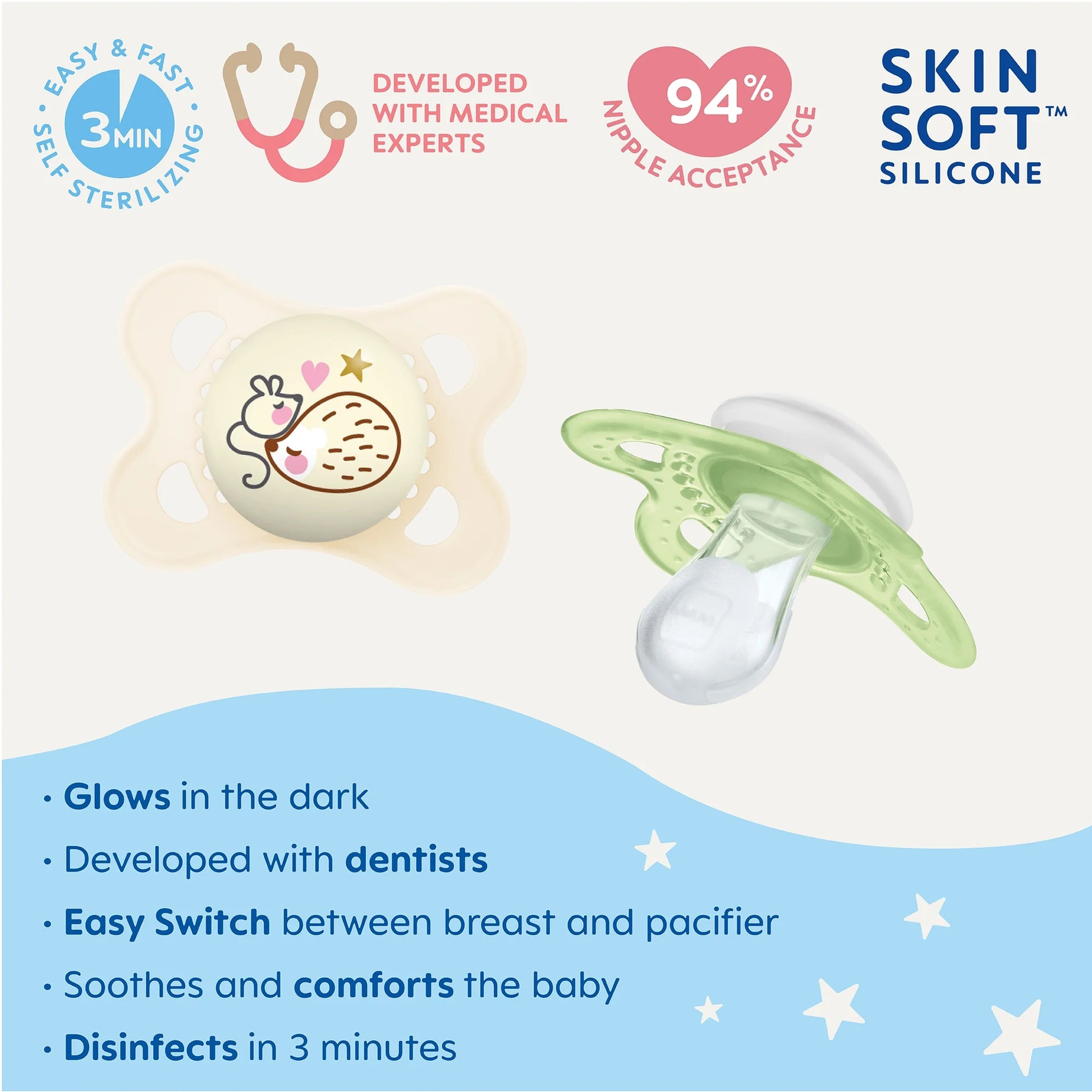 Night Pacifier, 0-6 Months, Unisex, 2 Pack with Self-Sterilizing Case