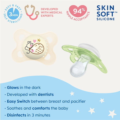 Night Pacifier, 0-6 Months, Unisex, 2 Pack with Self-Sterilizing Case