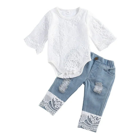 Lace Long Sleeve Bodysuit Denim Pant Outfit Set (Girl'S) 12-18 Months
