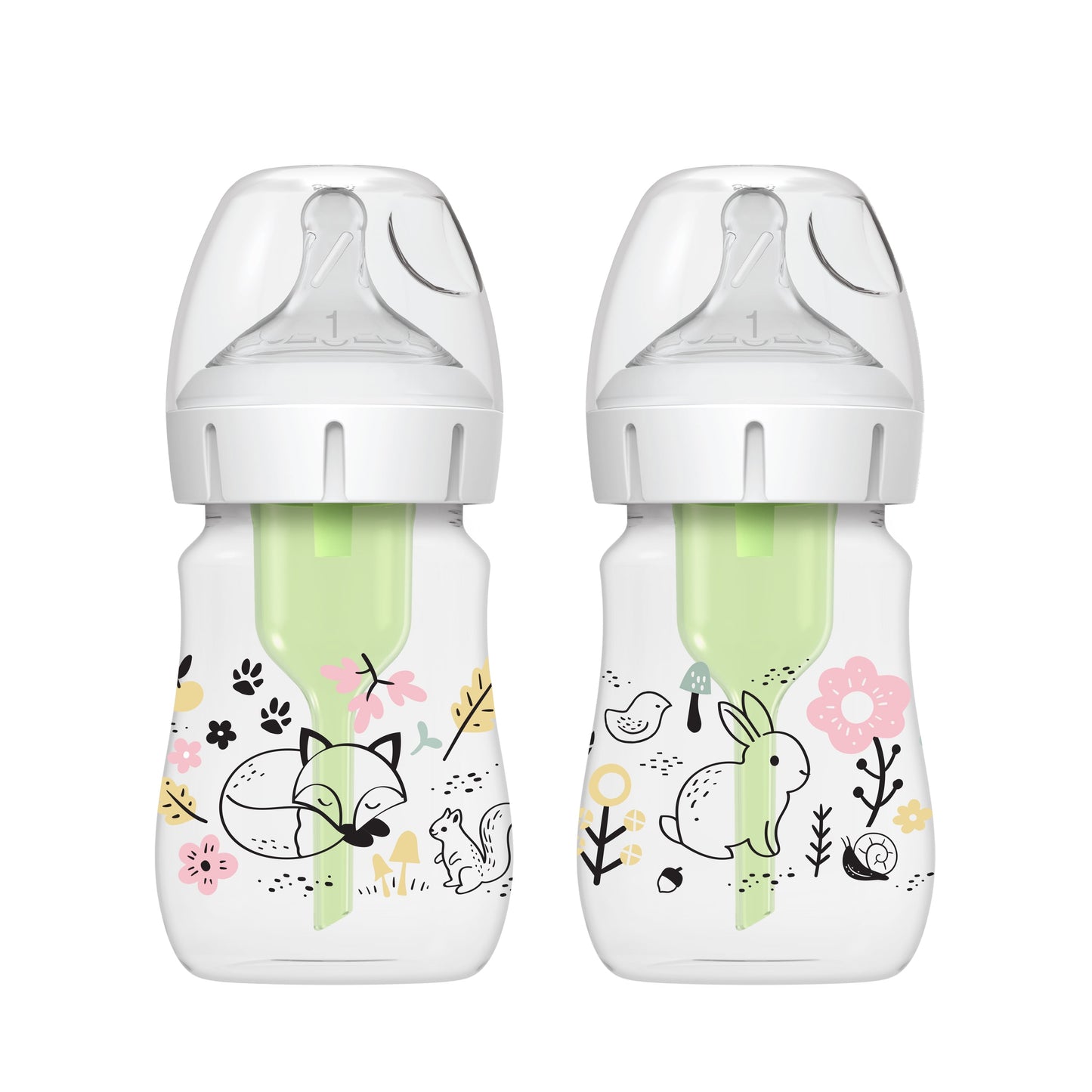Natural Flow Anti-Colic Options+ Wide-Neck Baby Bottle Bottle, Woodland Decos, 5Oz/150Ml, Level 1 Slow Flow, 0M+, 2 Pack
