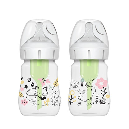 Natural Flow Anti-Colic Options+ Wide-Neck Baby Bottle Bottle, Woodland Decos, 5Oz/150Ml, Level 1 Slow Flow, 0M+, 2 Pack
