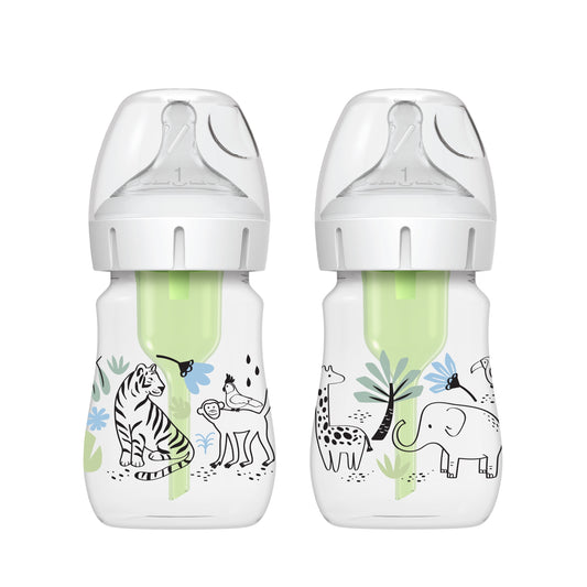 Natural Flow Anti-Colic Options+ Wide-Neck Baby Bottle, Jungle Decos, 5Oz/150Ml, Level 1 Slow Flow, 0M+, 2 Pack
