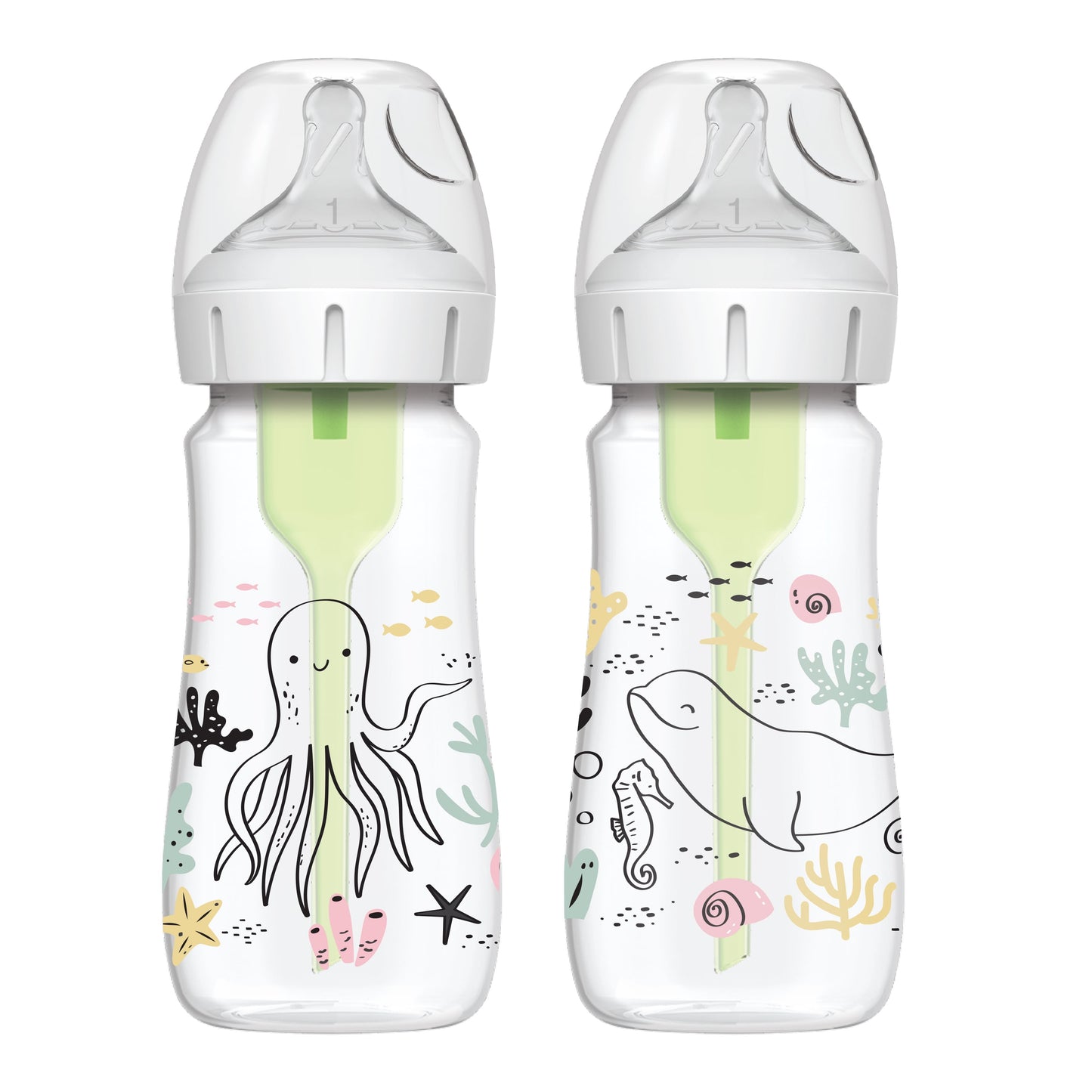Natural Flow Anti-Colic Options+ Wide-Neck Baby Bottle, Ocean Decos, 9Oz/270Ml, Level 1 Slow Flow, 0M+, 2 Pack