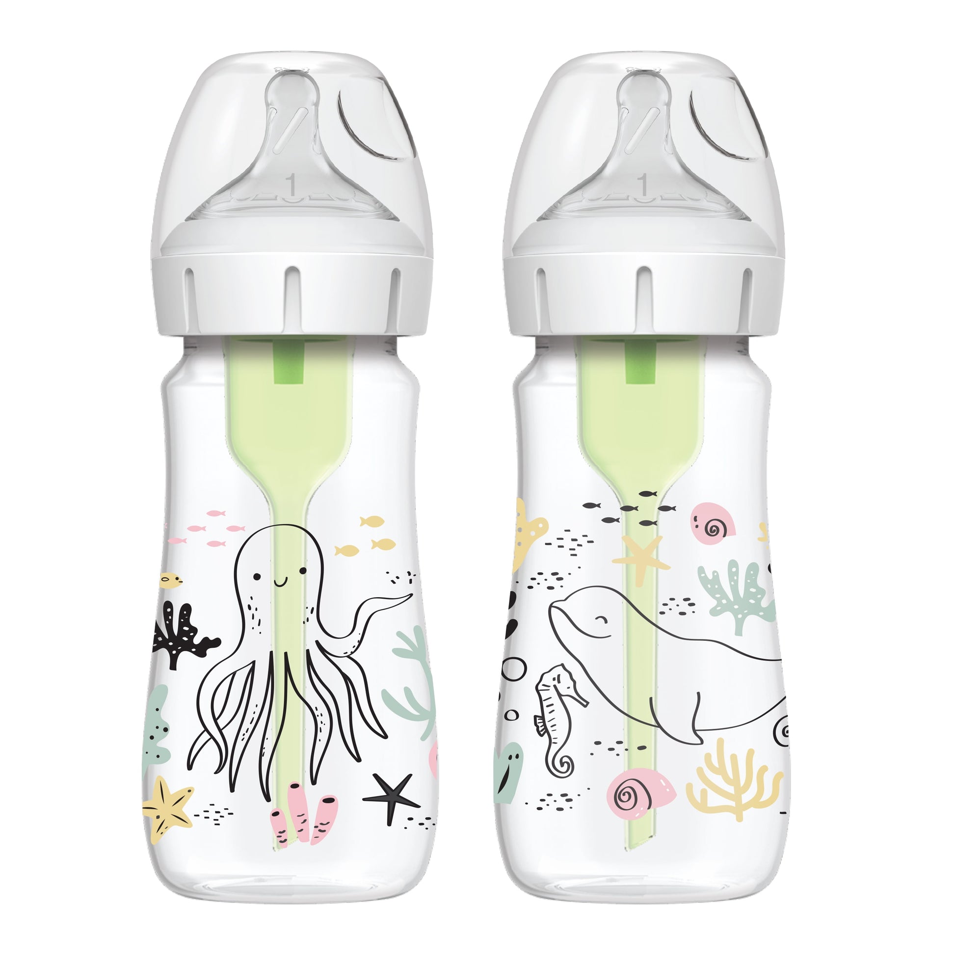 Natural Flow Anti-Colic Options+ Wide-Neck Baby Bottle, Ocean Decos, 9Oz/270Ml, Level 1 Slow Flow, 0M+, 2 Pack
