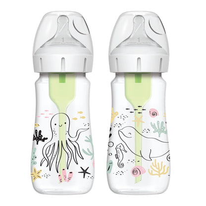 Natural Flow Anti-Colic Options+ Wide-Neck Baby Bottle, Ocean Decos, 9Oz/270Ml, Level 1 Slow Flow, 0M+, 2 Pack