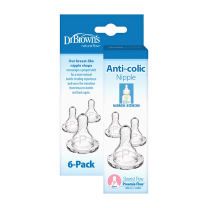 Natural Flow Preemie Flow, Narrow Baby Bottle Nipple, Slowest Flow, 0M+, 100% Silicone, 6 Pack