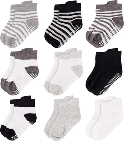 Unisex Non Slip Low-Cut Grip Socks for Infants and Toddlers (9 Pack)