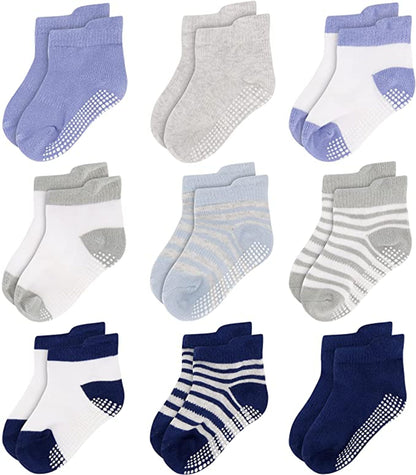 Unisex Non Slip Low-Cut Grip Socks for Infants and Toddlers (9 Pack)