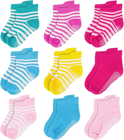 Unisex Non Slip Low-Cut Grip Socks for Infants and Toddlers (9 Pack)