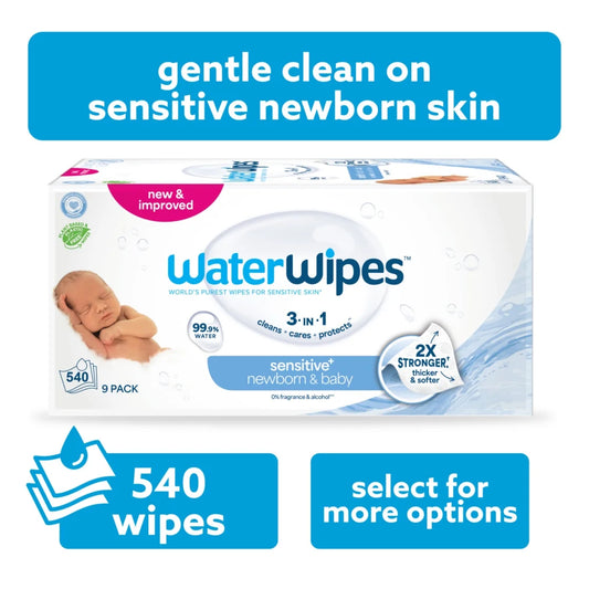 Sensitive+ Newborn & Baby Wipes, 3-In-1 Cleans, Cares, Protects, 99.9% Water, Unscented & Hypoallergenic, 9 Packs (540 Wipes)