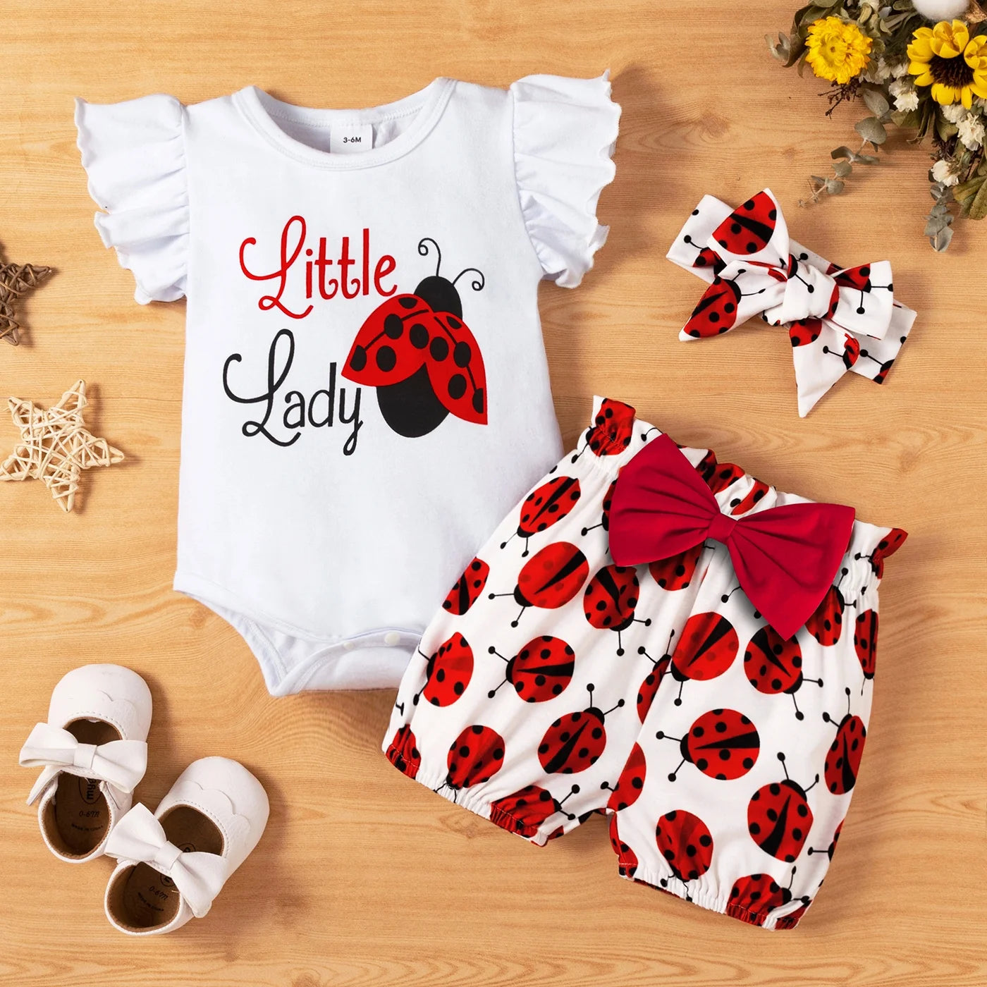 3Pcs Baby Girl Ladybug Long Sleeve Romper and Bowknot Trousers Set,Fall Clothes Newborn Outfit,0-18 Month