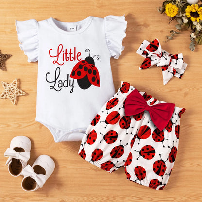 3Pcs Baby Girl Ladybug Long Sleeve Romper and Bowknot Trousers Set,Fall Clothes Newborn Outfit,0-18 Month