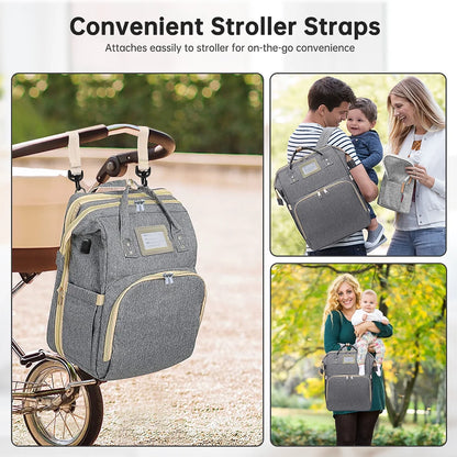 Diaper Bag Backpack, Multifunctional Baby Changing Bag with Foldable Crib & Insulated Milk Bottle Pocket, Large Capacity Travel Backpack with USB Charging Port & Stroller Strap (Gray)