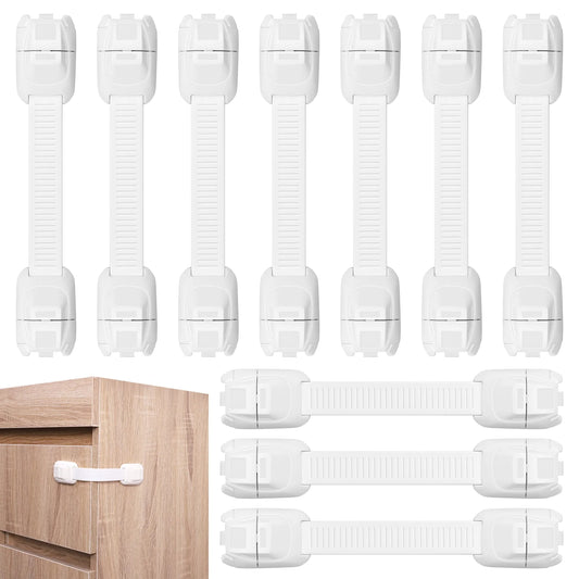 10 Pcs Baby Safety Locks for Cabinets, Adjustable Cabinet Locks for Babies with Adhesive Tape, No Drilling for Latching to Drawer Door Fridge Oven Toilet Seat