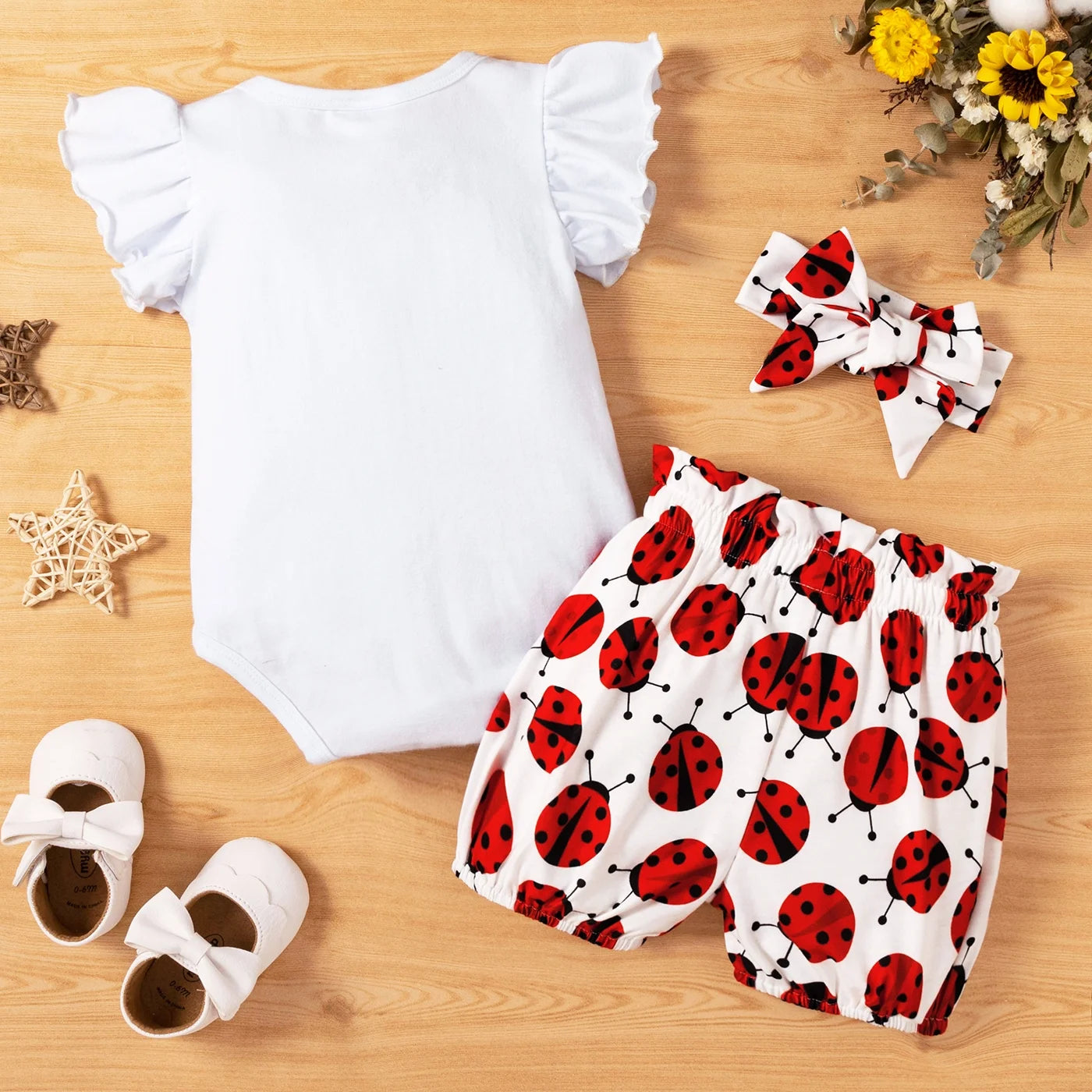 3Pcs Baby Girl Ladybug Long Sleeve Romper and Bowknot Trousers Set,Fall Clothes Newborn Outfit,0-18 Month