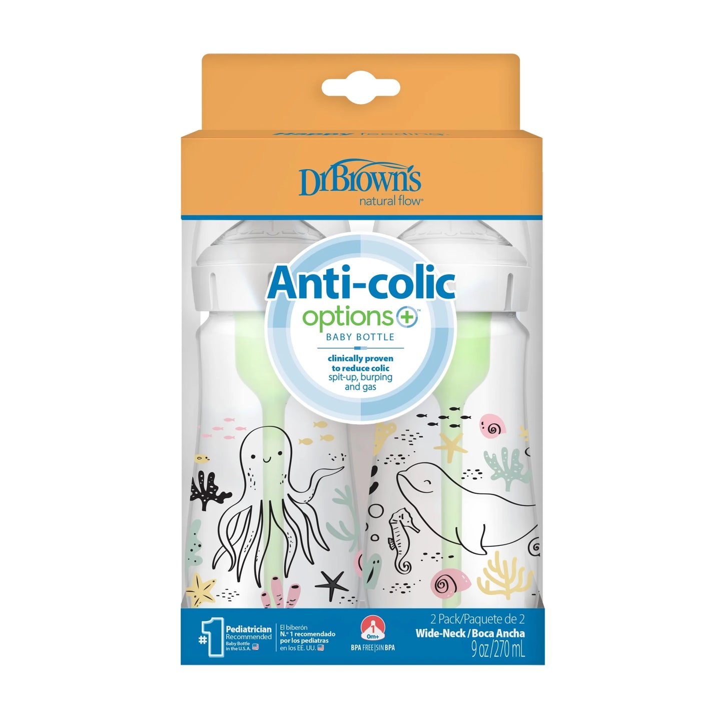 Natural Flow Anti-Colic Options+ Wide-Neck Baby Bottle, Ocean Decos, 9Oz/270Ml, Level 1 Slow Flow, 0M+, 2 Pack